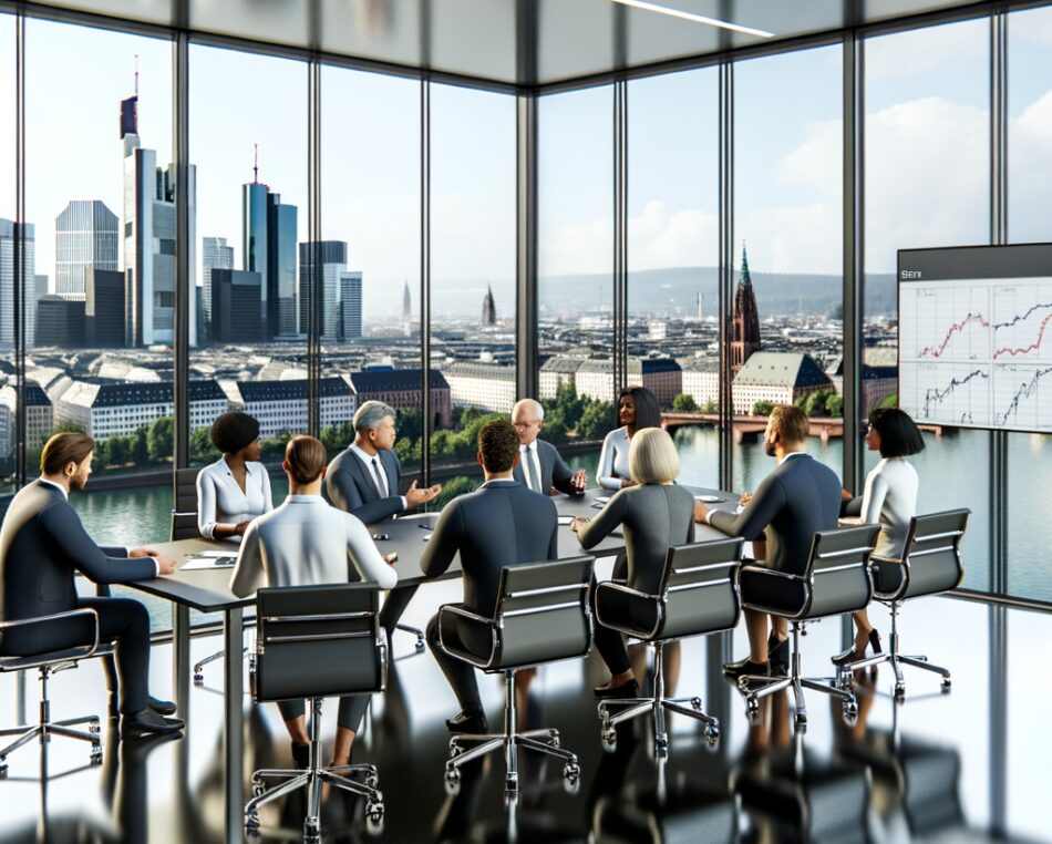 Professional meeting of fund managers and institutional investors in a Frankfurt office discussing infrastructure ELTIF strategies