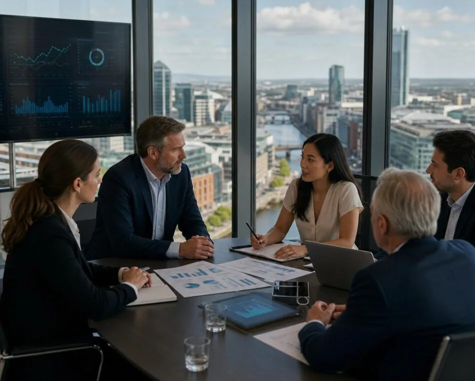 Dublin Fund Managers Collaborating on Private Debt Strategies Professional financial team in a Dublin office reviewing private debt fund strategies