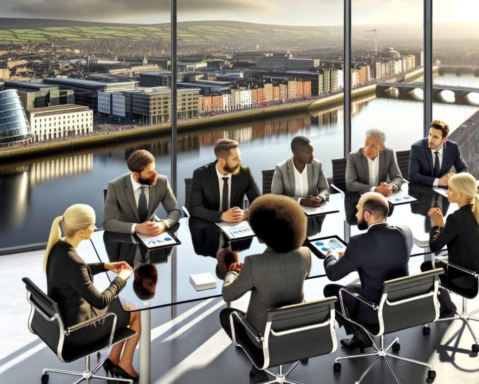 Irish wealth management professionals and family office clients meeting in a modern Dublin office overlooking the city skyline