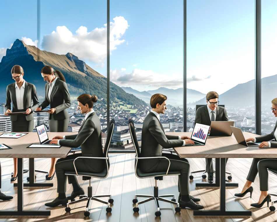 Liechtenstein fund managers reviewing real estate investment opportunities in a modern office overlooking Vaduz.