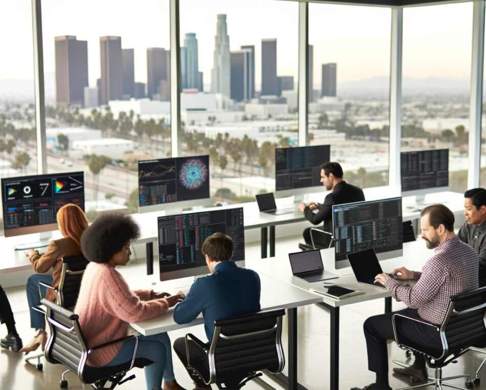 Cybersecurity Startup Founders in Los Angeles Cybersecurity startup founders collaborating in a modern Los Angeles office