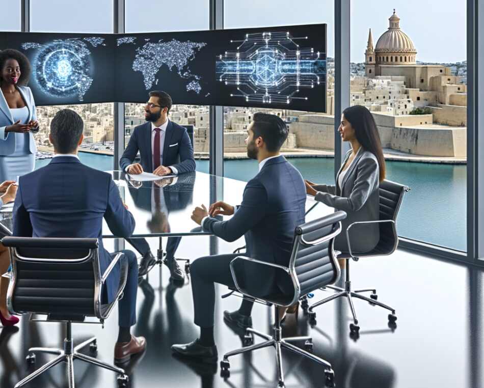 Executives in a modern office in Malta discussing tokenised fund strategies with digital asset visuals.