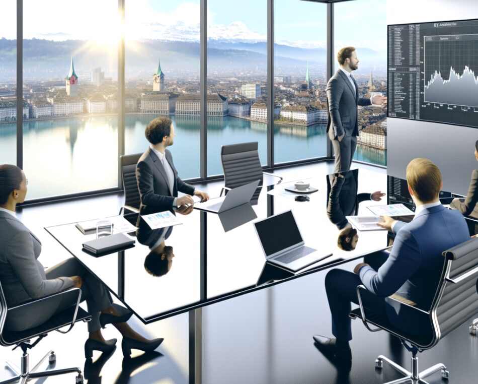 Swiss fund managers collaborating in a modern Zurich office overlooking the city skyline and lake