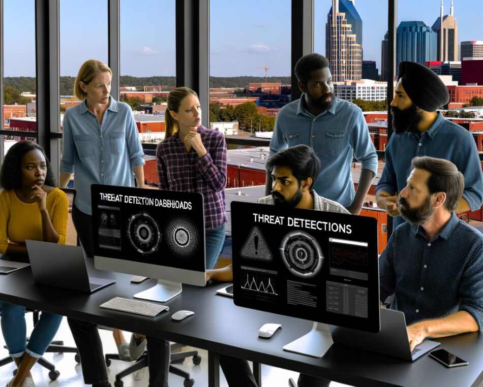 Cybersecurity Startup Team in Nashville Office Cybersecurity professionals at a Nashville startup collaborating in a modern office