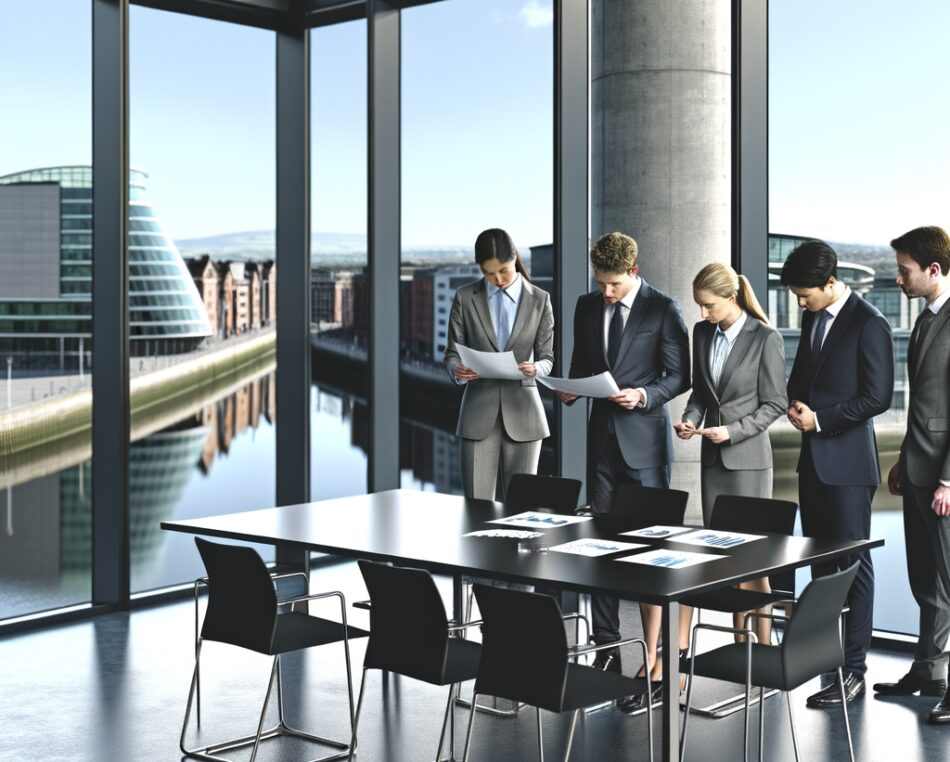 Irish fund professionals in a modern Dublin office discussing investment fund documents