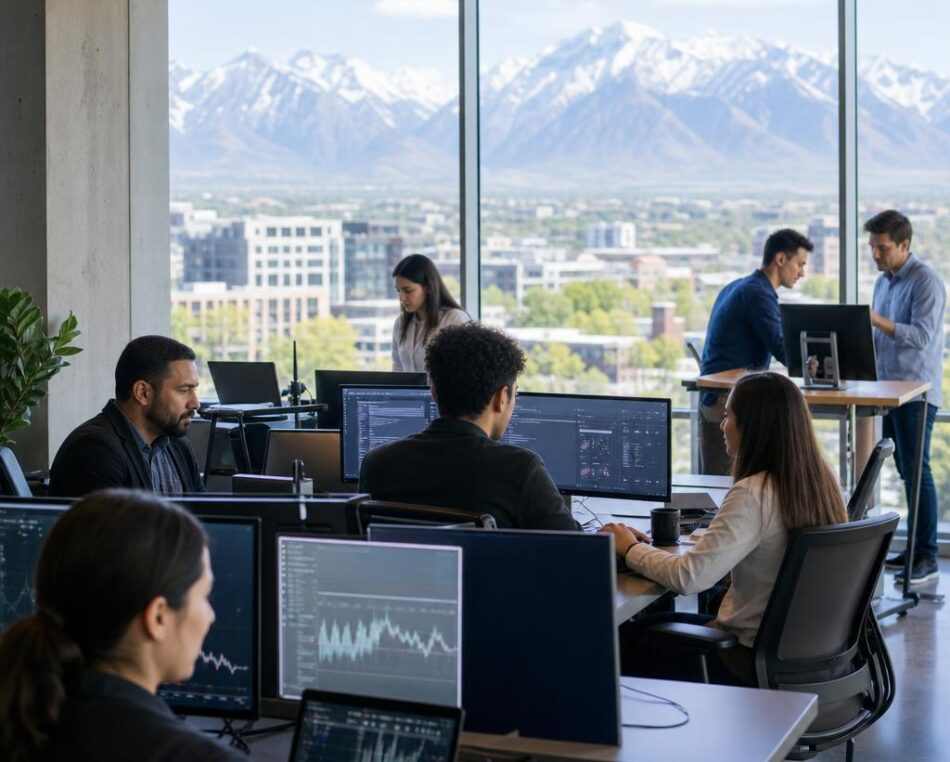 Salt Lake City FinTech Startup Office Collaboration Salt Lake City fintech professionals collaborating in a modern office with digital financial dashboards