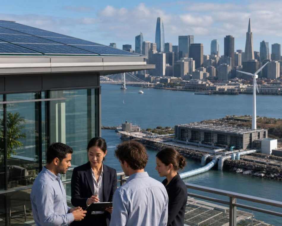San Francisco Clean Technology Founders Overlooking Bay San Francisco climate tech startup founders at a clean energy office overlooking the bay