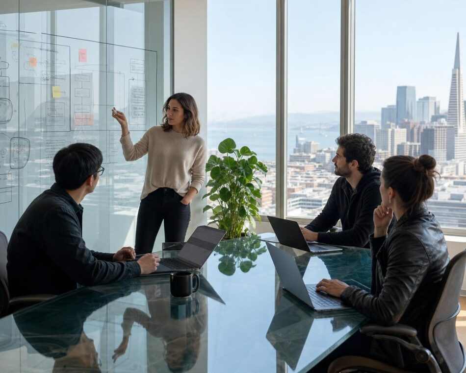 San Francisco LegalTech Startup Founders in Modern Office San Francisco legal technology startup founders collaborating in a modern office