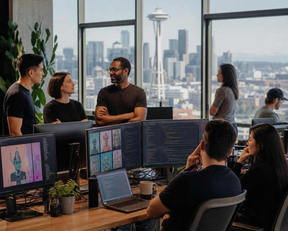 Seattle Web3 and blockchain founders collaborating in a downtown tech workspace with the Space Needle visible.