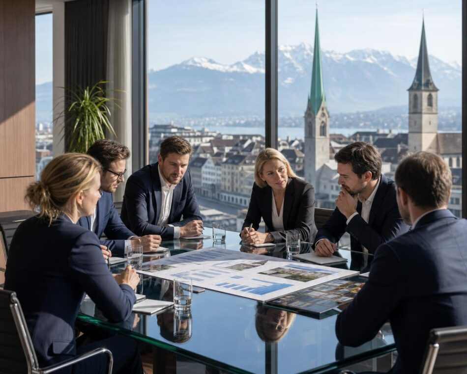 Professional fund managers in a modern Zurich office analyzing real estate investments with Swiss skyline in background
