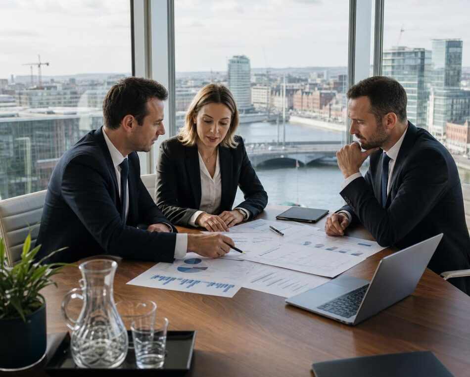 Professional Irish Financial Services Office with Dublin City Skyline Irish financial office with professionals overlooking Dublin skyline