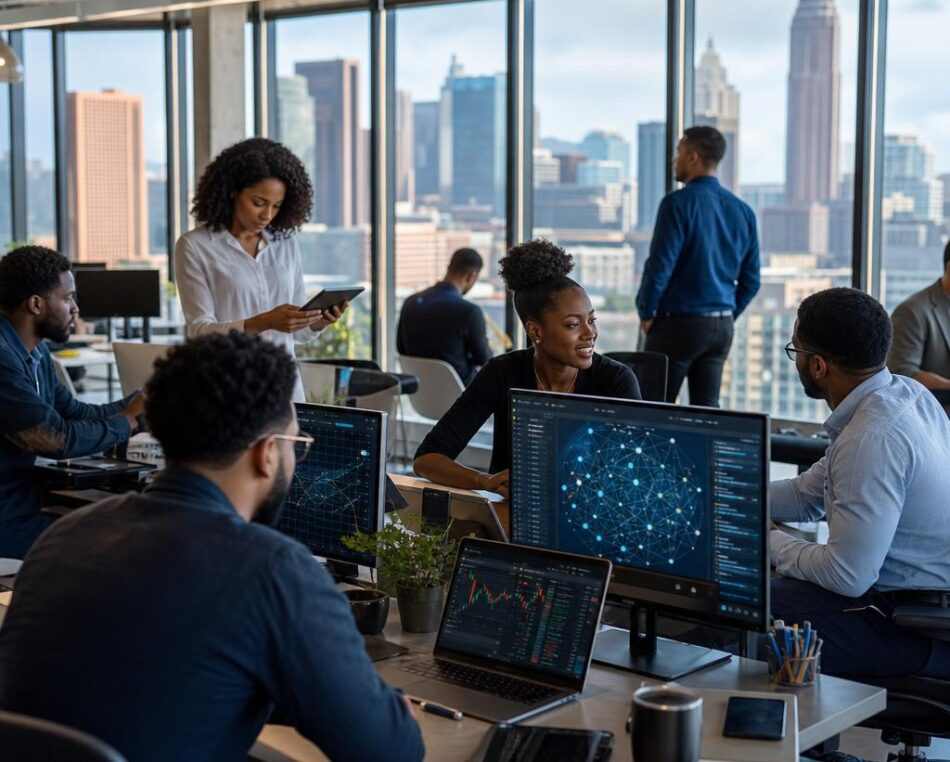 Atlanta FinTech Startup Ecosystem in Action Atlanta fintech startup team collaborating in a modern office with city skyline
