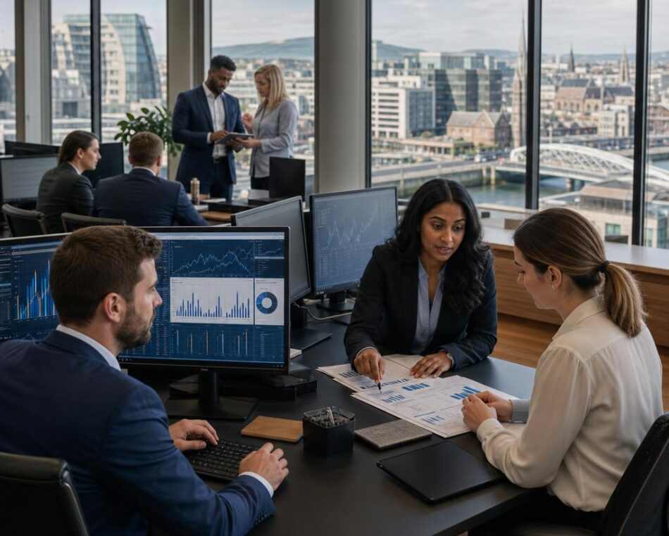Fund Administration & Operations in Ireland – Modern Dublin Office Modern financial office in Dublin with fund administration professionals and digital dashboards