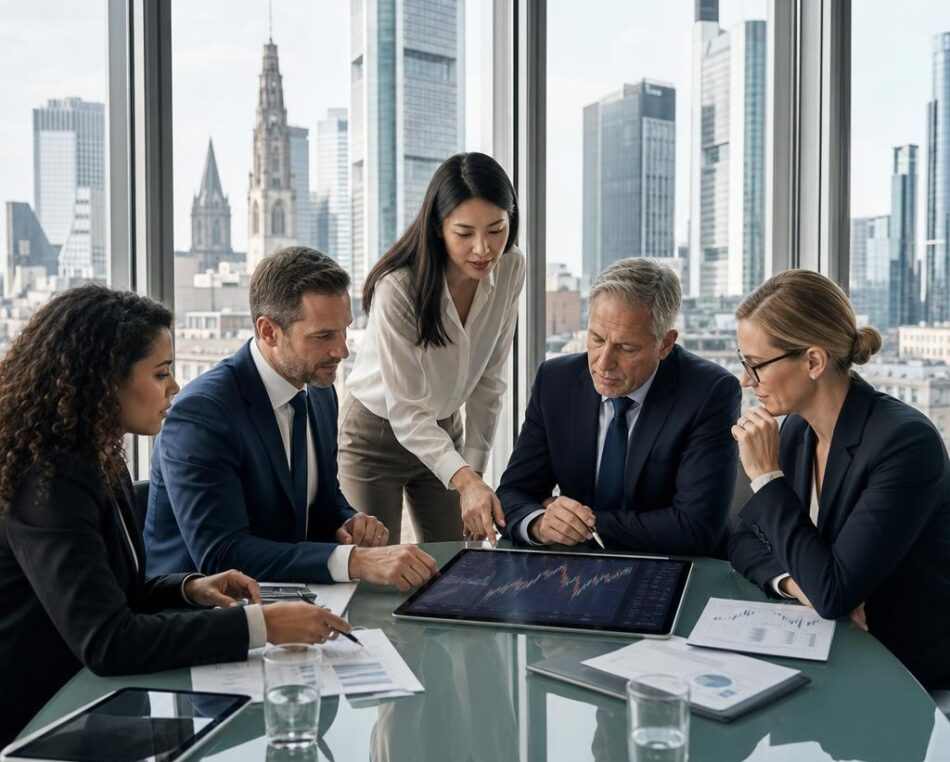 Professional wealth management meeting in a modern Frankfurt office with financial dashboards