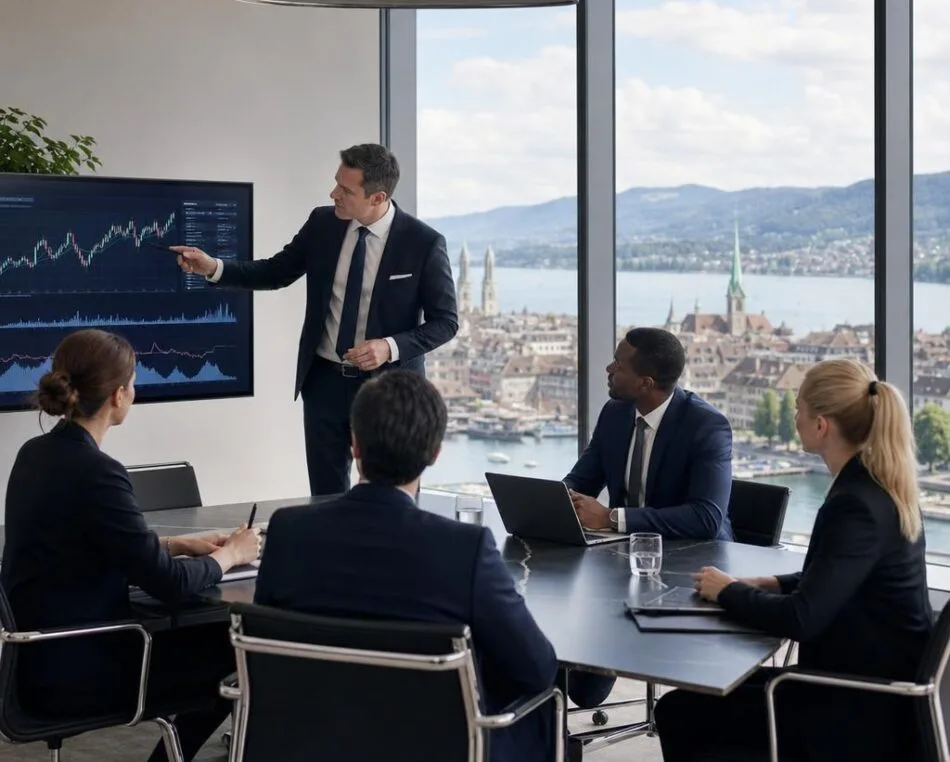 Professional Swiss Fund Managers Analyzing Investment Strategies in Zurich Swiss fund managers discuss alternative investment strategies in a modern Zurich office.
