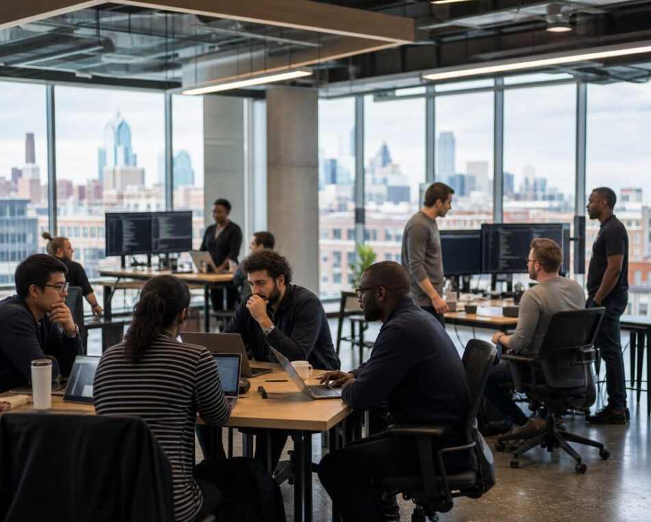 Philadelphia AI Startup Ecosystem in Action AI startup founders and engineers collaborating in a modern Philadelphia workspace