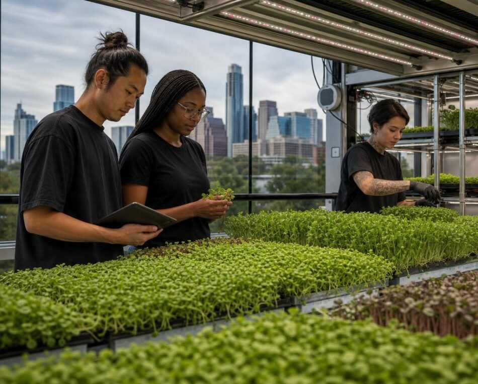 Diverse team at an Austin urban microgreens farm using technology for sustainable agriculture