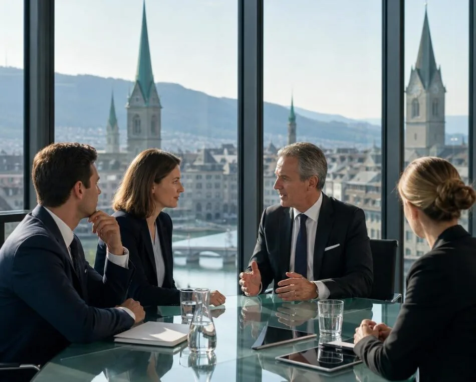 Swiss Fund Structuring Meeting in Zurich Office Swiss fund structuring professionals in modern Zurich office
