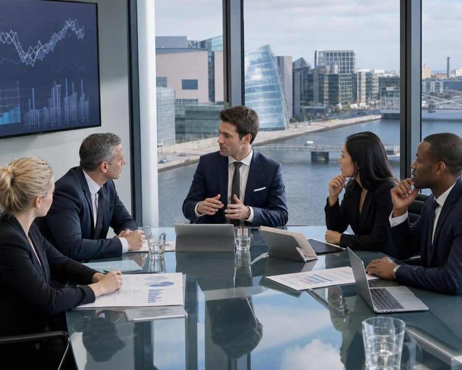 Private Equity Fund Strategy Session in Dublin Professional meeting in a modern Dublin office overlooking the city skyline