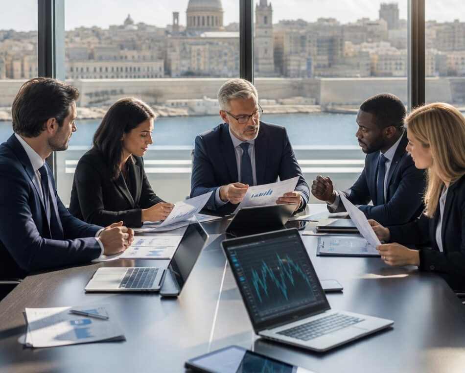 Financial Professionals in Malta Office Overlooking Valletta Malta modern office with financial professionals, Valletta skyline in background