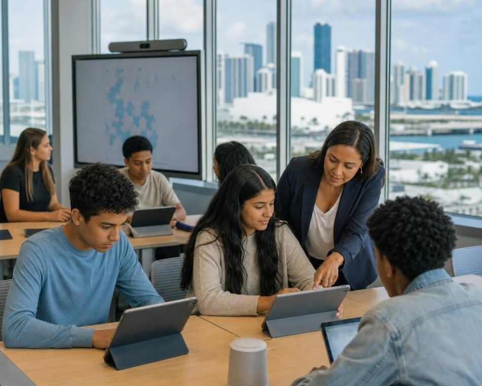Miami’s EdTech Revolution: AI in the Classroom Miami teachers and students using AI educational technology in a modern classroom with Miami skyline