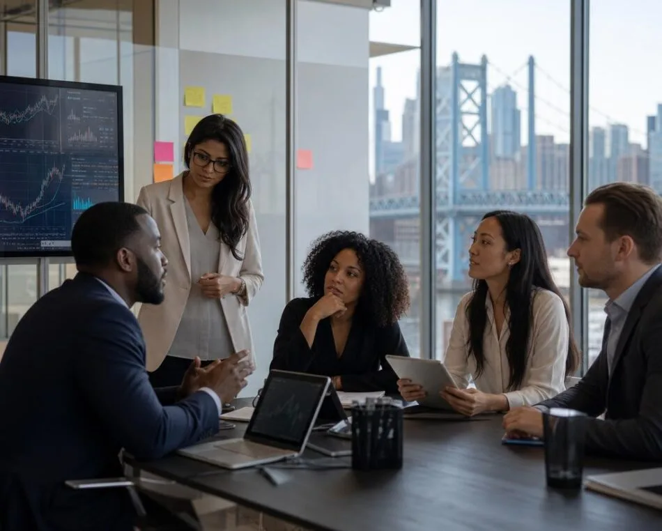 Philadelphia FinTech Startup Office with City Skyline Philadelphia FinTech founders and investors collaborating in a modern office overlooking the city skyline