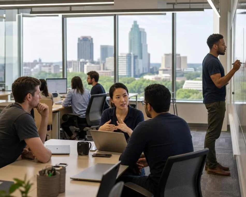 Raleigh SaaS Startup Teams in Modern Office Raleigh SaaS startup teams collaborating in a modern office with city views
