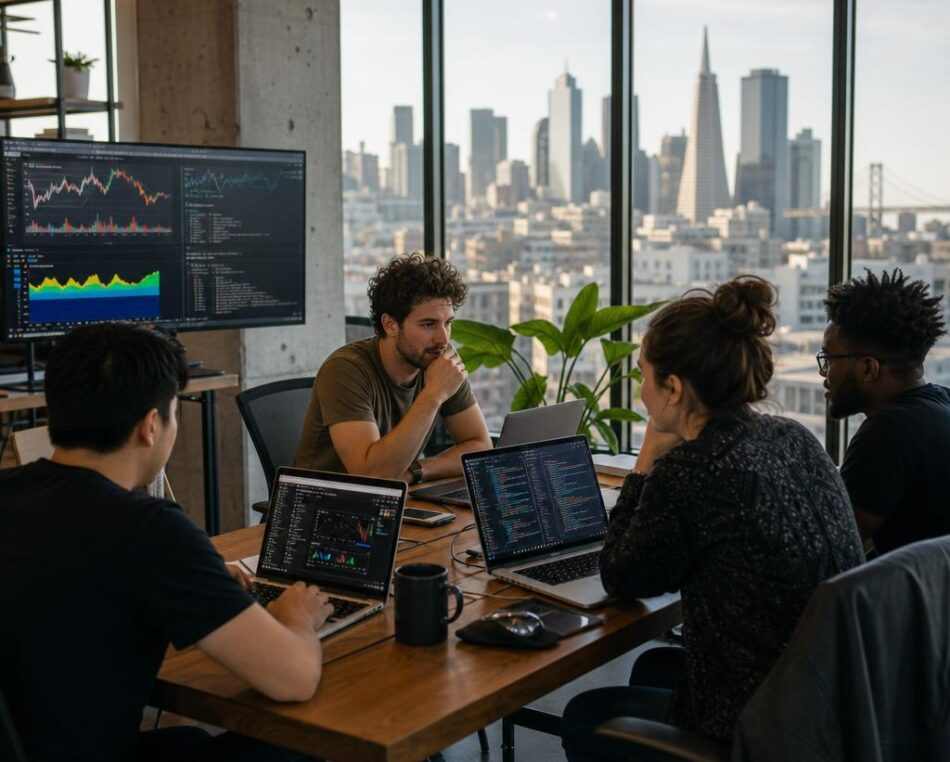 San Francisco Web3 Startup Founders at Work Web3 founders collaborating in a San Francisco coworking space with blockchain dashboards