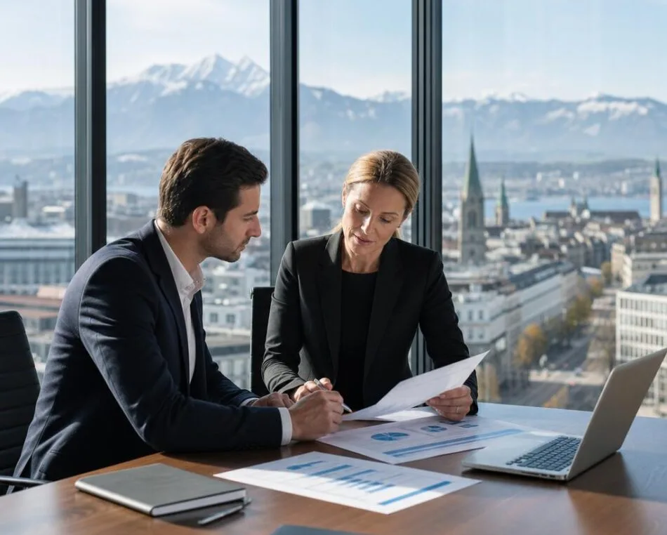 Professionals Discussing Fund Structuring in Modern Zurich Office Zurich financial professionals discussing fund structuring in a modern office