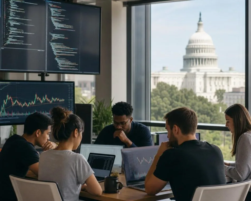 Washington D.C. Web3 Startup Ecosystem: Founders at Work Washington D.C. Web3 and blockchain startup founders collaborating in a coworking space